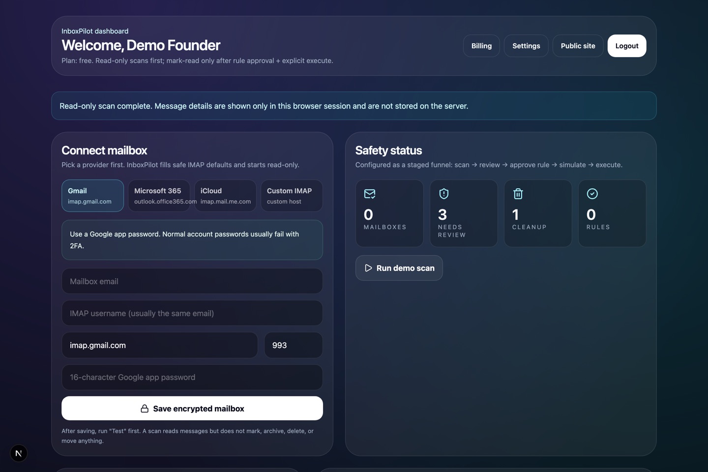 InboxPilot dashboard after a demo scan: safety status metrics, encrypted mailbox setup, and read-only scan controls